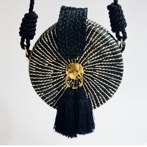 Black and White Woven Round Bag